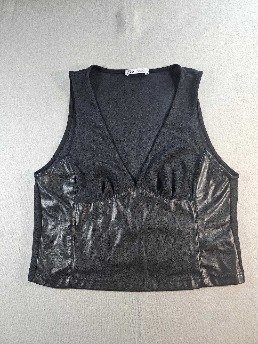 Zara‎ Black Faux Leather-Panel V-Neck Tank Top